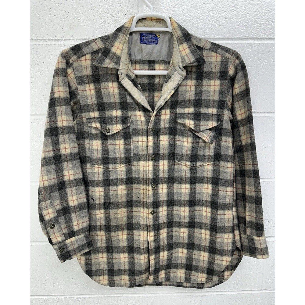 Vintage 60s Pendleton Outdoorsman Checkboard Gray Wool Lined Flannel Men's 16.5